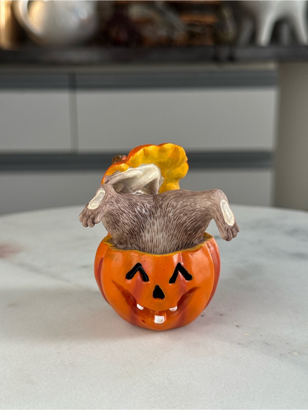 Halloween Pumpkin with Brown Mouse Upside Down Figurine